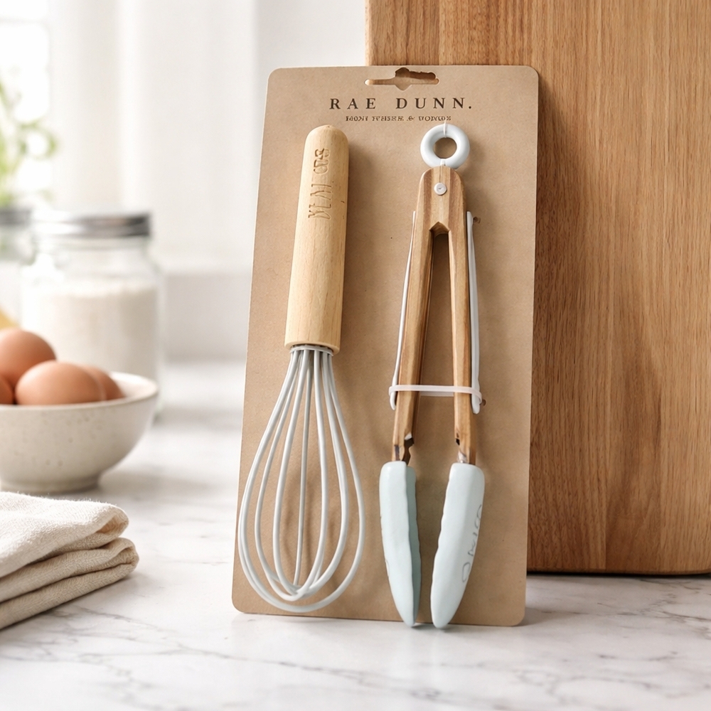 Rae Dunn Wooden Mini Whisk and Tongs with Light Blue Accents